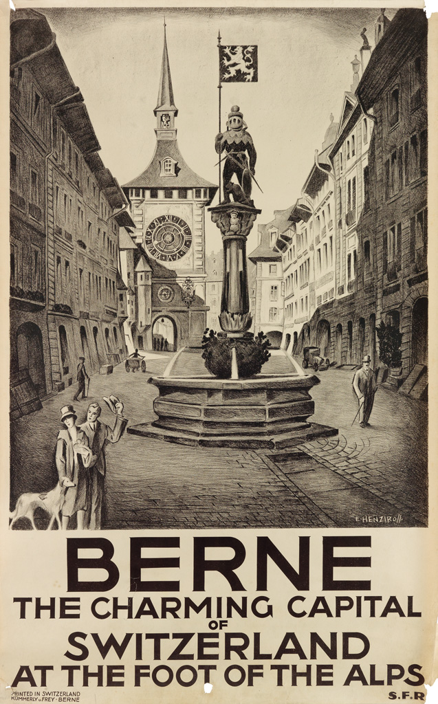 EUGEN HENZIROSS (1877-1961). BERNE / THE CHARMING CAPITAL OF SWITZERLAND. 1928. 39x24 inches, 101x63 cm. Kümmerly u. Frey, Berne.